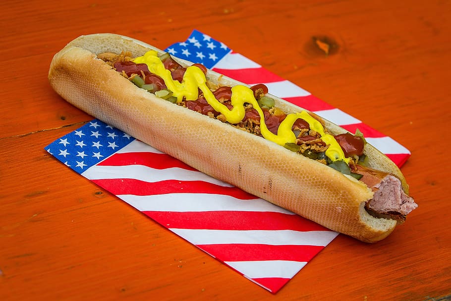 hotdog dengan roti, hot dog, sosis, makanan cepat saji, camilan, kecap, mustard, nutrisi, amerika serikat, amerika
