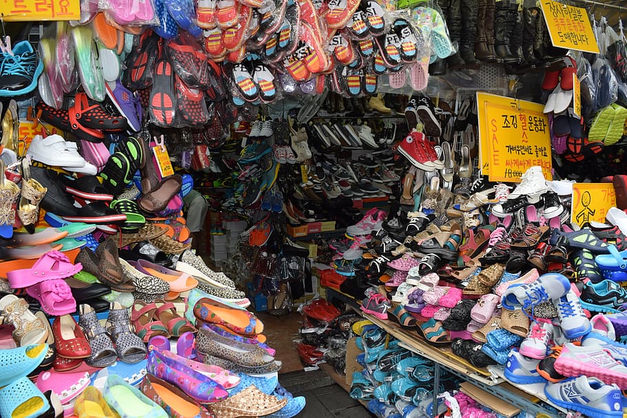 korea, south korea market, traditional market, shoes, shopping center, seoul's namdaemun gate, shoe pile, al green moon rock, street, sneaker