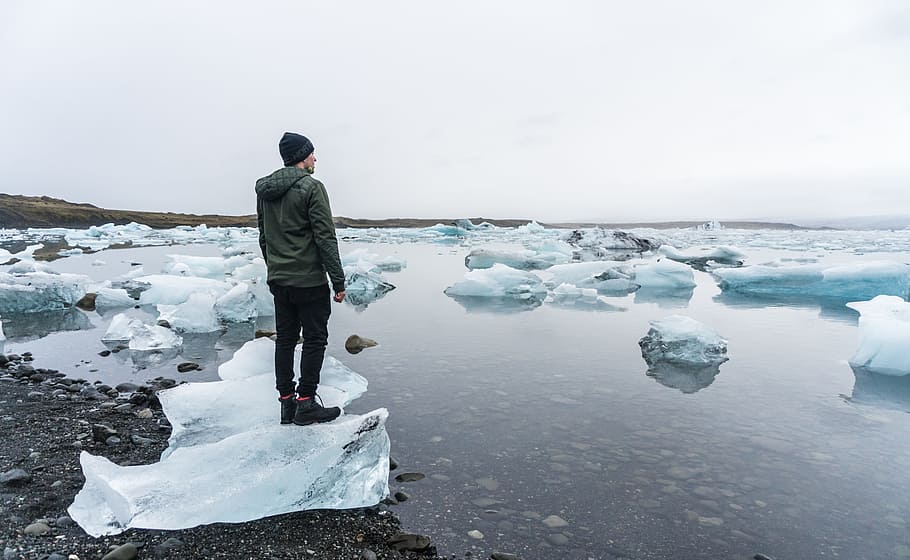 man, standing, glazier, people, alone, iceberg, snow, winter, rock, water