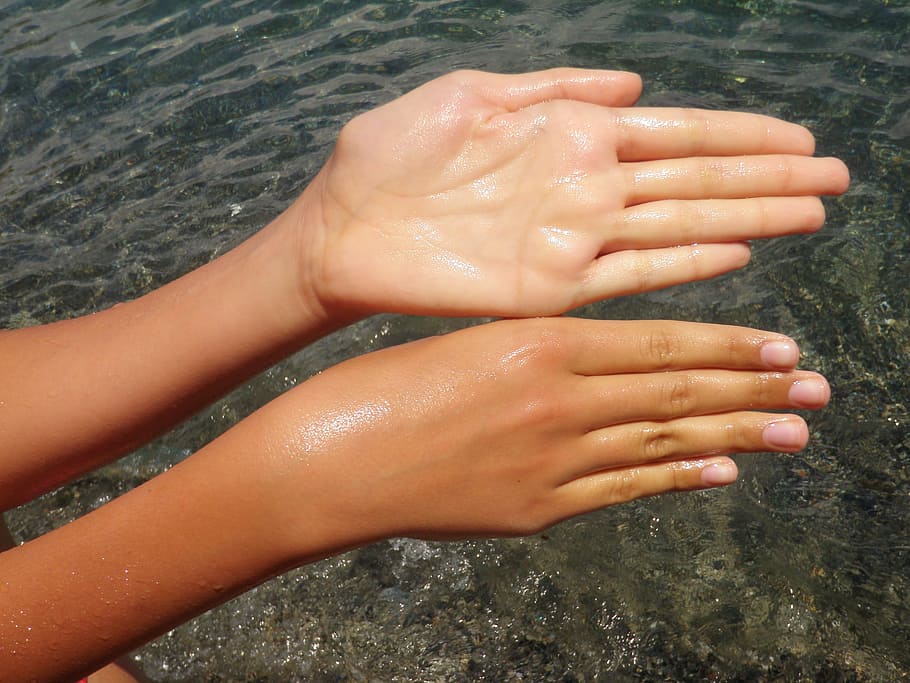 Hands, Children, Front, Sea, in front, human body part, human hand, nail polish, wet, summer