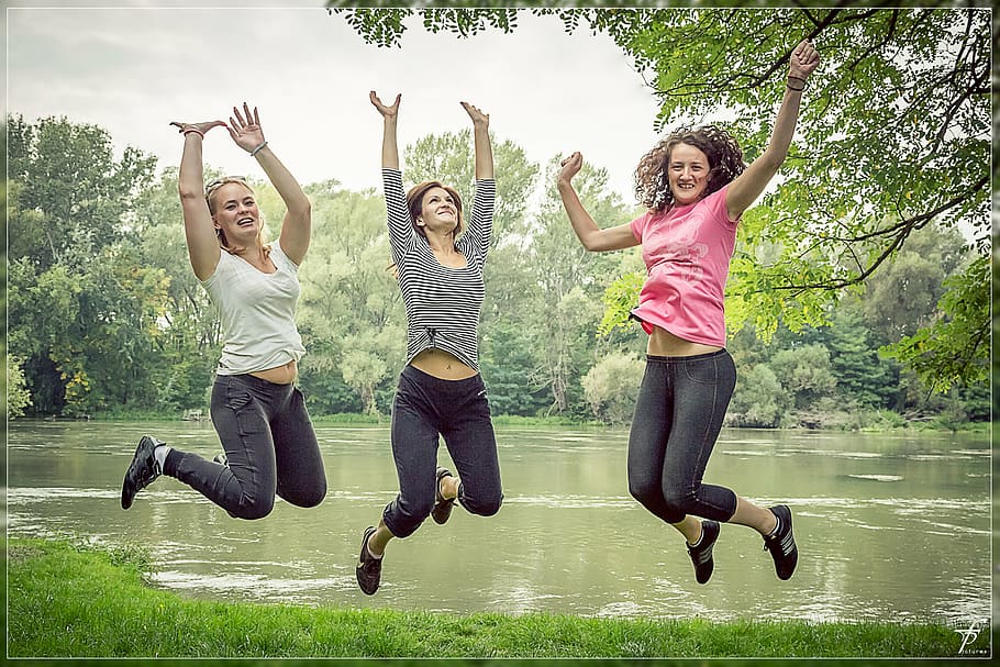 three, woman, jumping, river, happy people, female, beautiful, park, outdoors, pretty