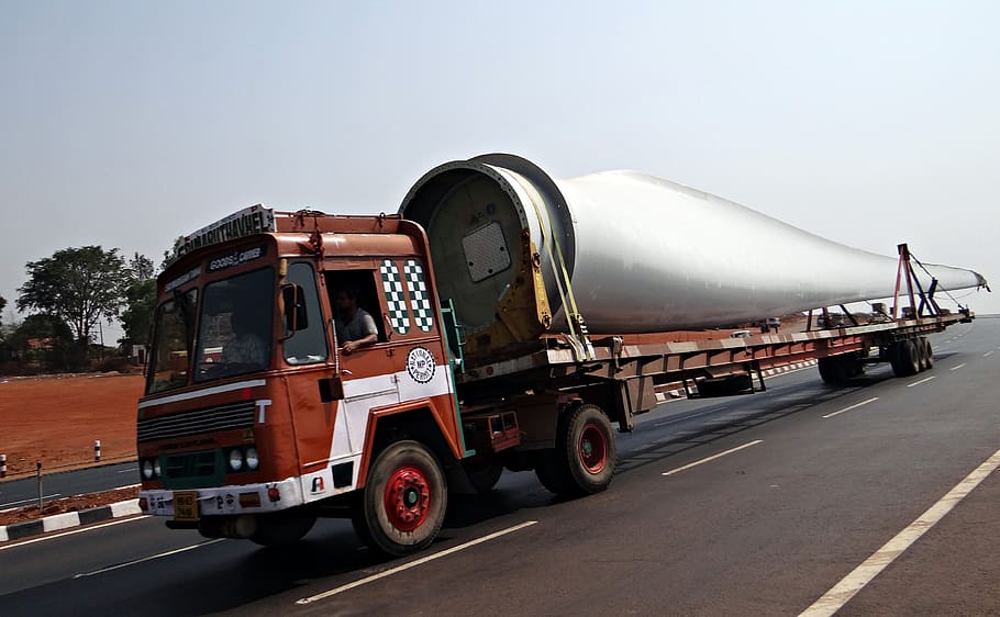brown, freight truck, road, long vehicle, wind turbine blade, blade, truck, lorry, carrier, transportation
