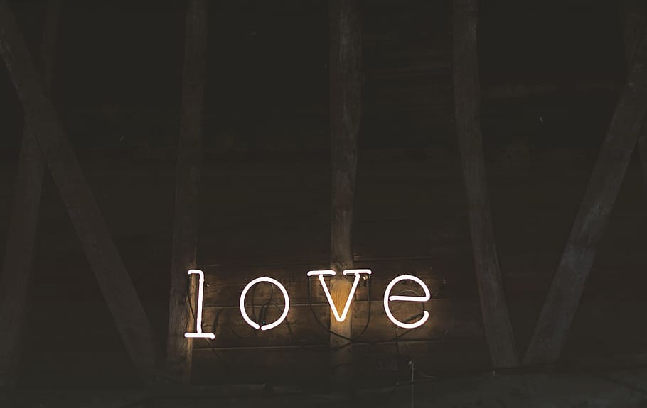 turned, love neon signage, love, light, letters, spell, dark, illuminated, text, communication