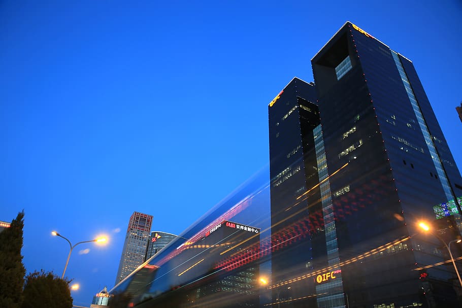 beijing, next evening, yong'anli, illuminated, architecture, sky, building exterior, city, low angle view, built structure
