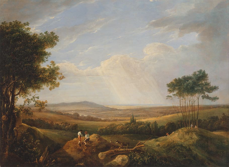 Dos, persona, marrón, pintura de hierba, Thomas Hastings, pintura, arte, óleo sobre lienzo, cielo, nubes