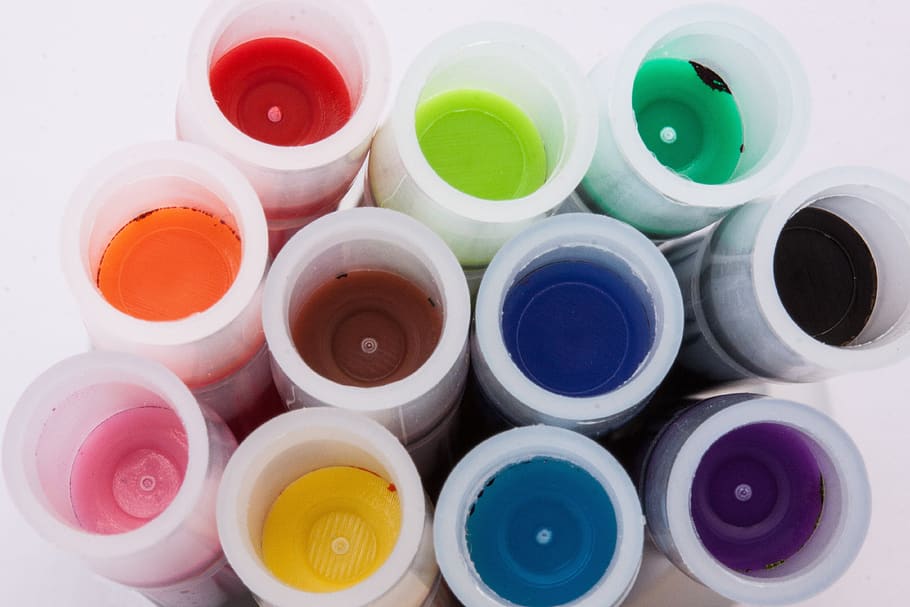 colorido, macro, cartuchos, tinta indiana tusche, plástico, cor, tampa, plano de fundo, multi colorido, grande grupo de objetos
