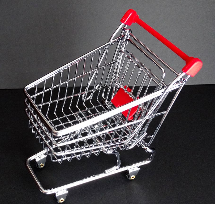 dare, shopping cart, purchasing, shopping, wire, chrome steel, handle, red, consumerism, studio shot