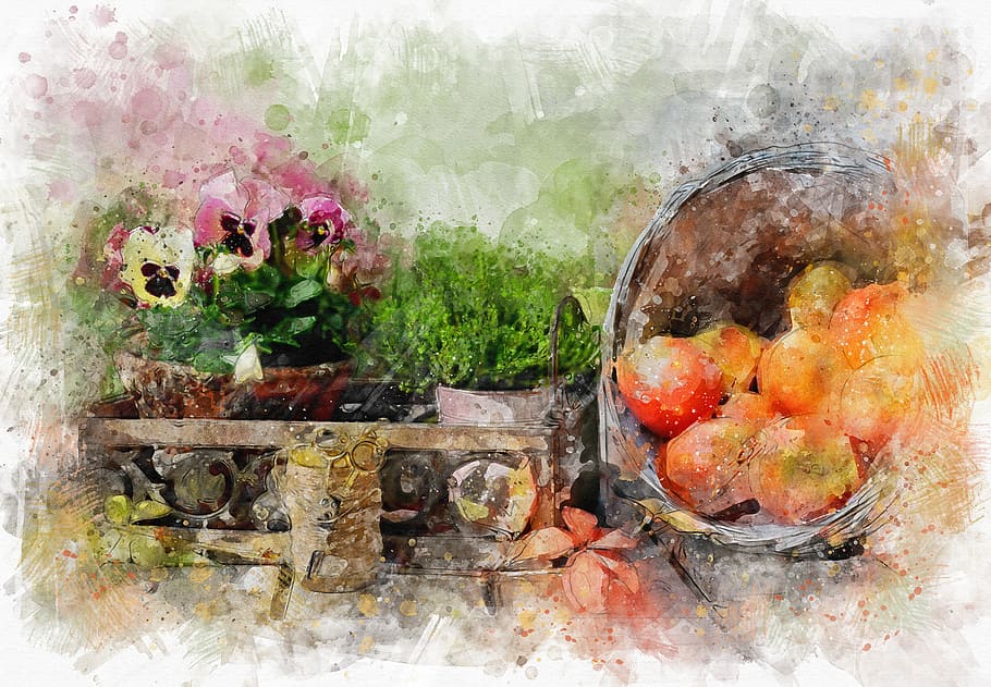 painting, fruits, flowers, violets, grass, apples, still life, fruit, summer, wooden desk
