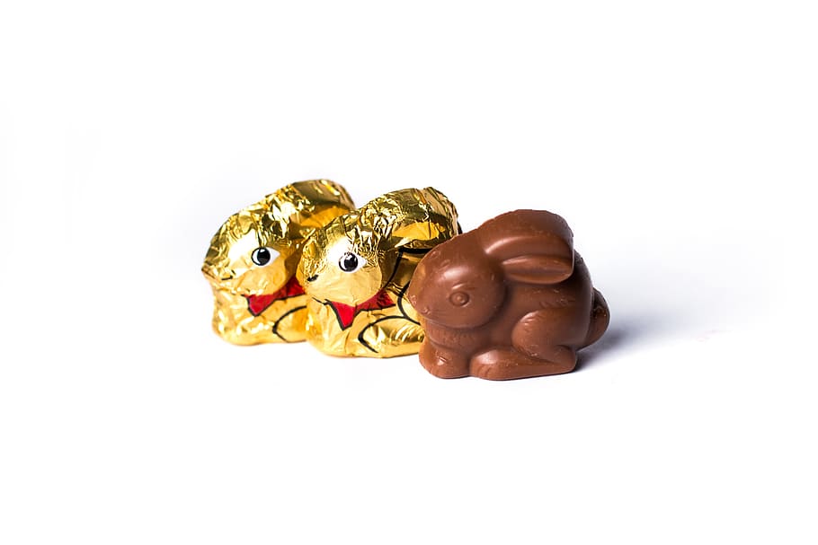 chocolate rabbit, two, wrapped, chocolate rabbits, easter, chocolate, oster, easter bunny, spring, hare