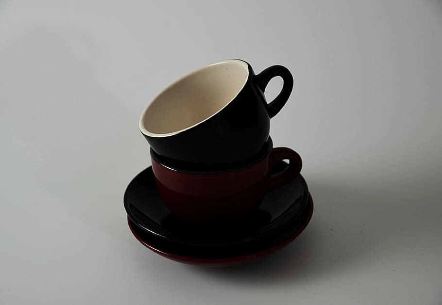 two, black, brown, ceramic, cups, tea, cup, saucer, red, white