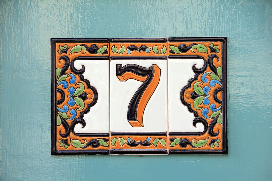 white, black, orange, 7 signage, number, seven, house number, tiles, tile, pattern