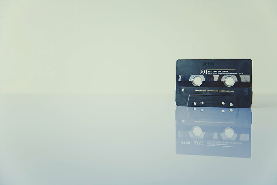 cassette tape, white, surface, black, cassette, tape, music, audio, copy space, studio shot