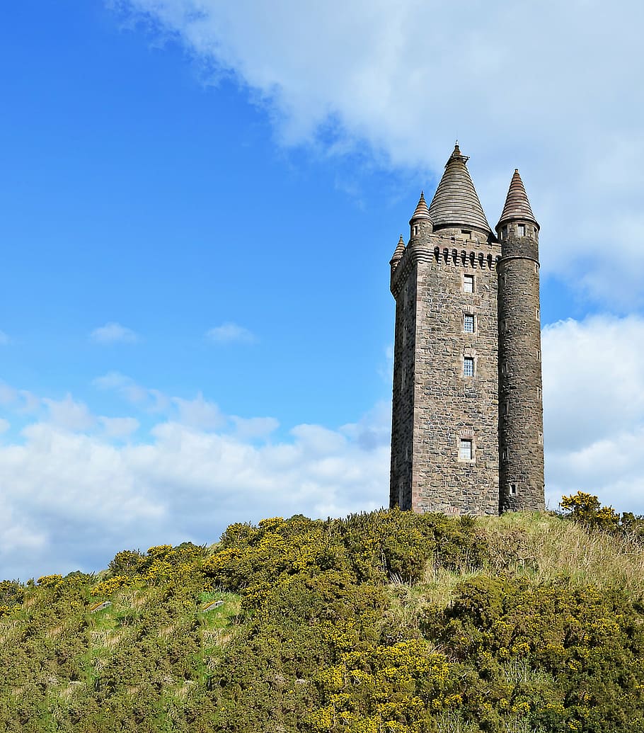 cinza, concreto, torre, azul, céu, durante o dia, torre scrabo, Newtownards, Irlanda, memorial