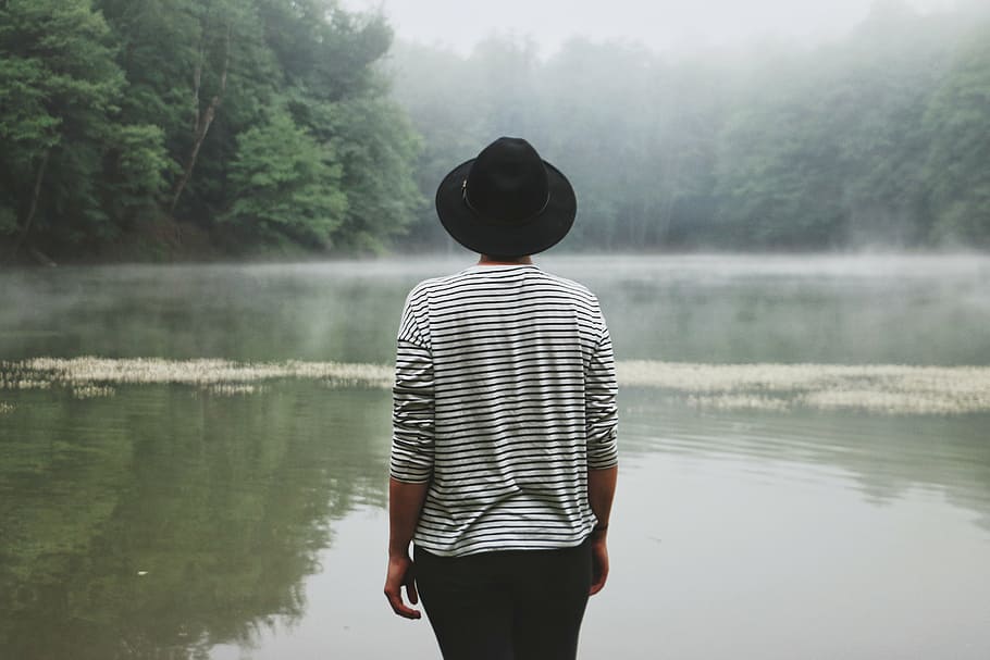 person, standing, body, water, green, trees, plant, nature, forest, fog