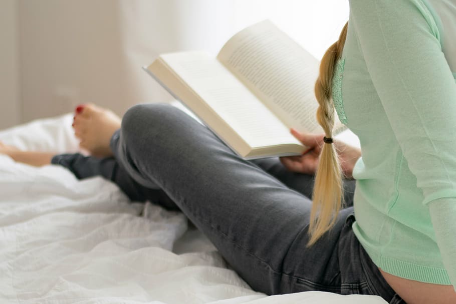 woman, sitting, bed, reading book, bedroom, pillow, comforter, blanket, comfort, relax