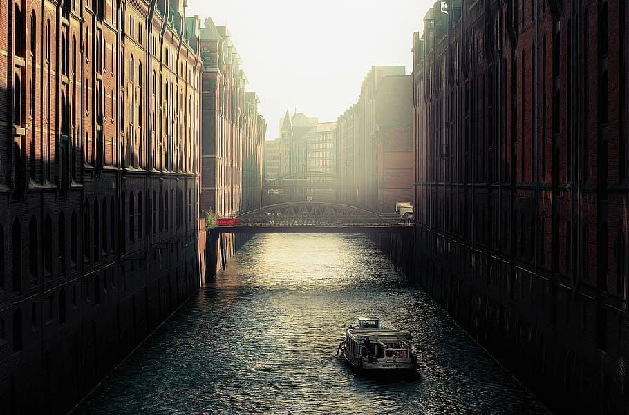 barco, canal, arranha-céus, edifícios, paisagem, fotografia, barco fluvial, cidade, ponte, claro
