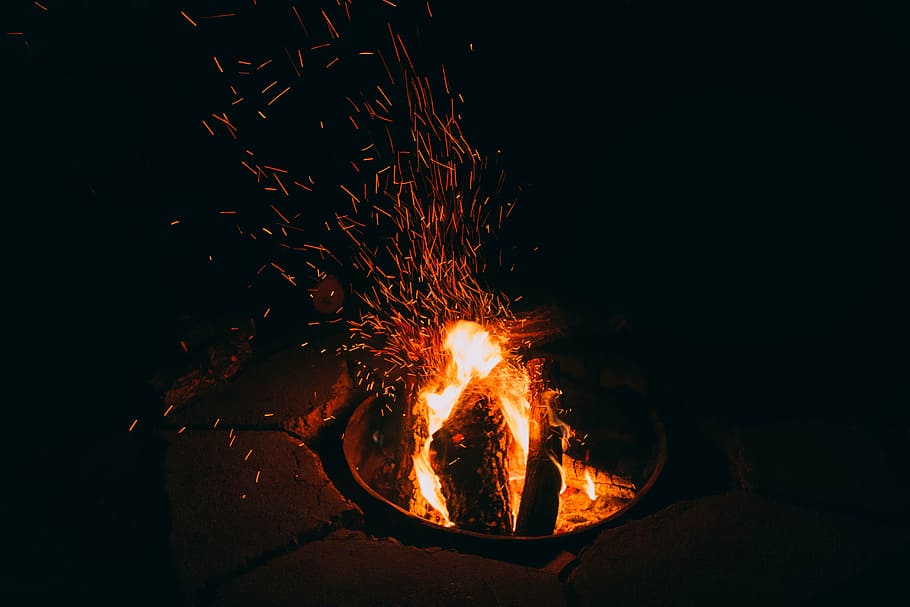 bonfire, burning, still, fire, camp, flames, rocks, stones, wood, light