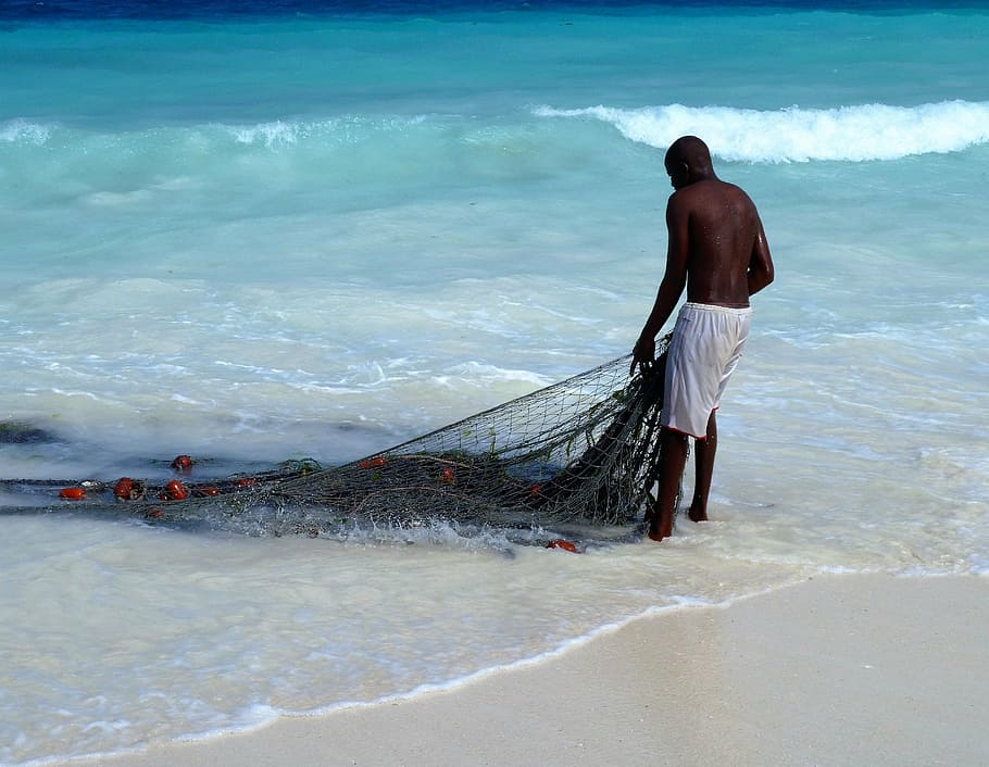 visser, fishnet, africa, zanzibar, azure, blue sea, waves, beach, coast, water