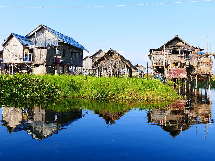 rumah, tangkai, air, rumah panggung, pondok, danau, perairan, rumah kayu, inlesee, myanmar