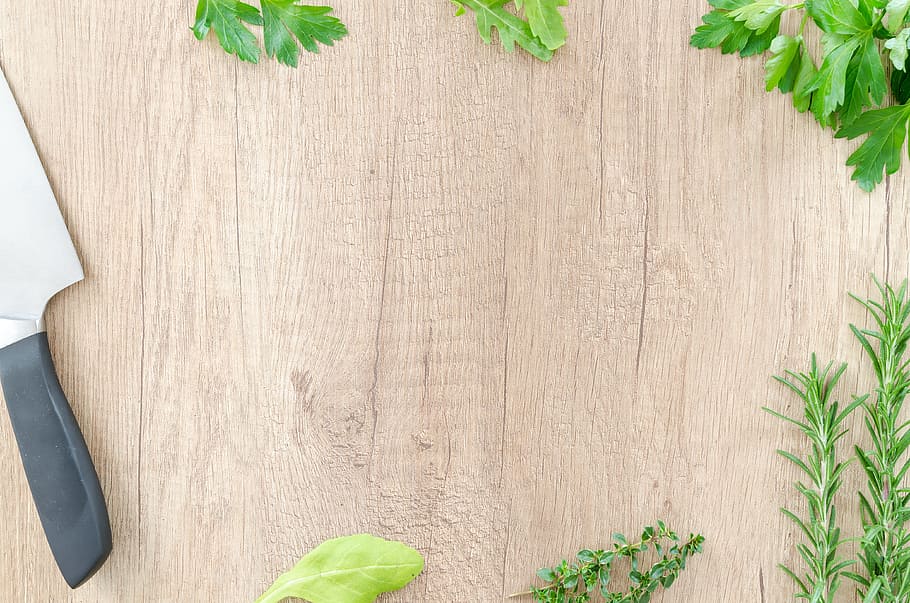 flat, lay, photography, cleaver knife, herbs, food, knife, background, wooden, table