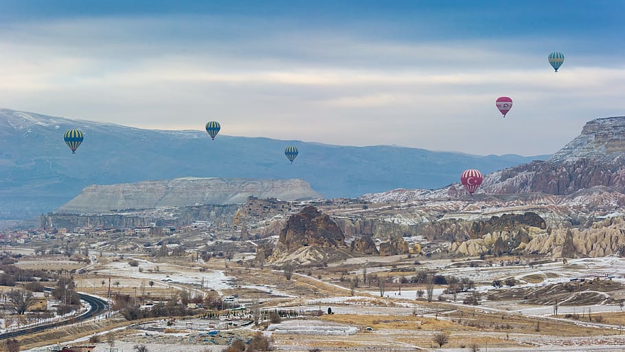mountain, highland, cloud, sky, landscape, view, flying, hot, air, balloon