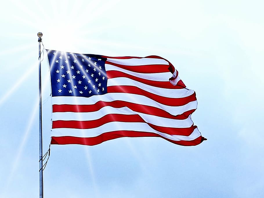 bendera, amerika serikat, digantung, abu-abu, tiang logam, siang hari, bendera amerika serikat, amerika, bersatu, biru