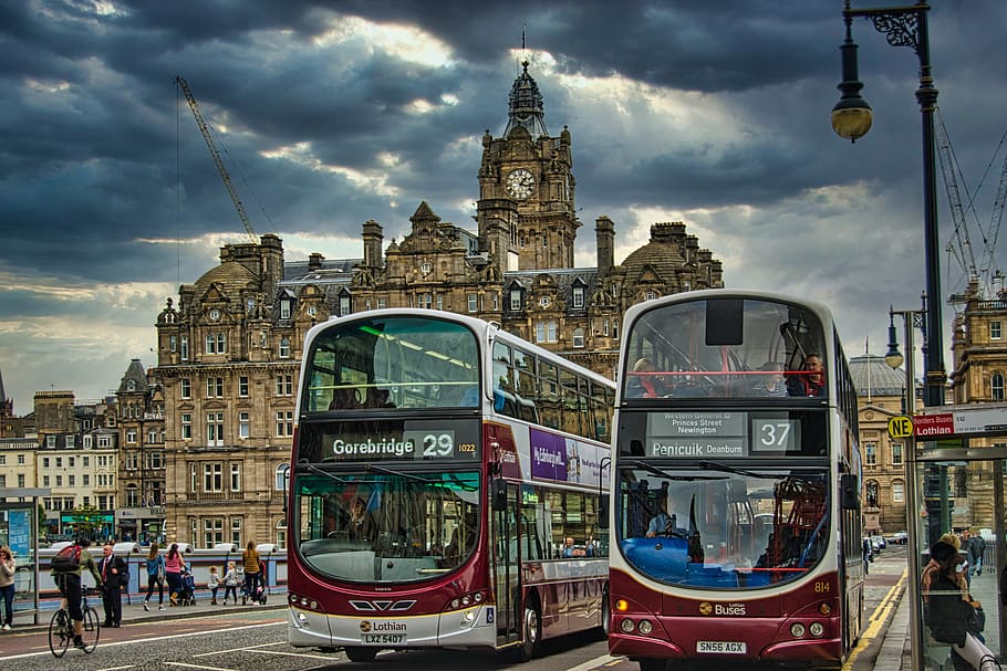 Edimburgo, ciudad, autobuses, tráfico, animado, Escocia, arquitectura, turismo, casas, carretera