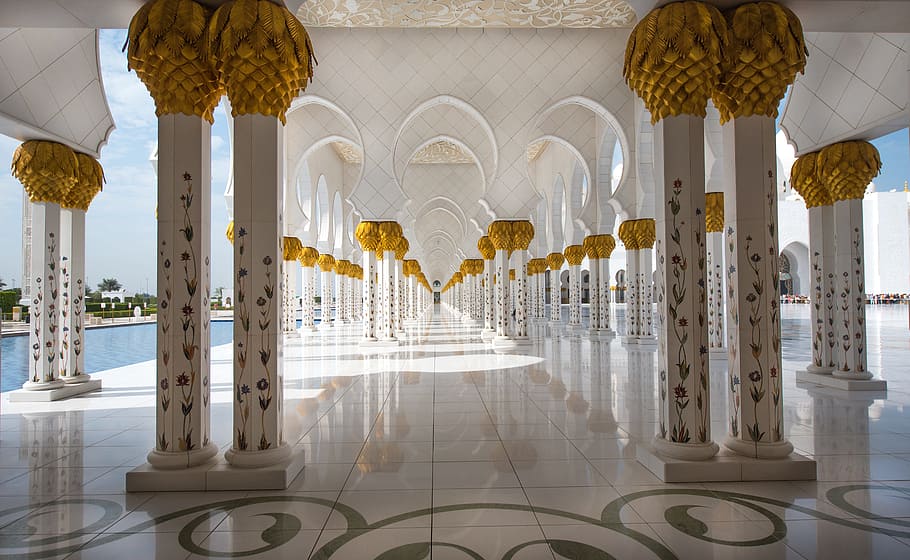 foto, blanco, pasillo de azulejos, mezquita, Abu Dhabi, viajes, arquitectura, orientar, columna arquitectónica, estructura construida