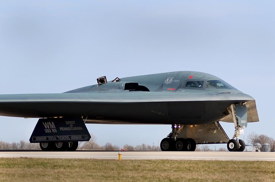 gray stealth, stealth bomber, military, runway, taxi, b-2, spirit, jet, airplane, plane