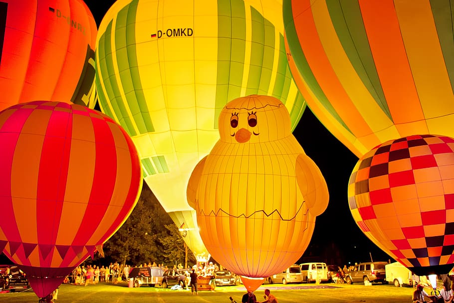 balon udara, night glow, mendorong, balon, mengapung, lengan, naik balon udara panas, musim panas, cahaya, pesawat terbang