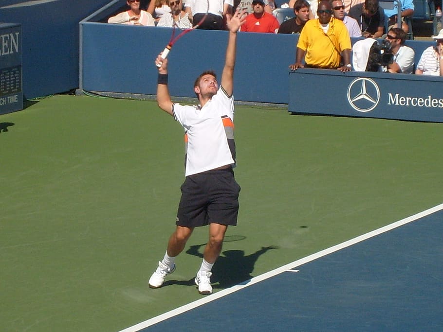 pria bermain tenis, Stanislas Wawrinka, Pemain, bintang, atlet, melayani, lapangan, olahraga, tenis, 2010