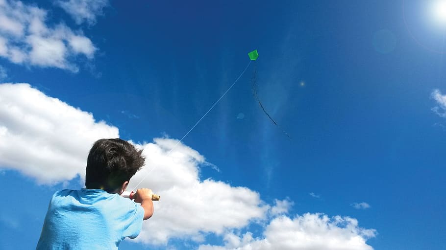 Sol, Kite, kid, cloud - sky, sky, blue, one person, headshot, rear view, nature