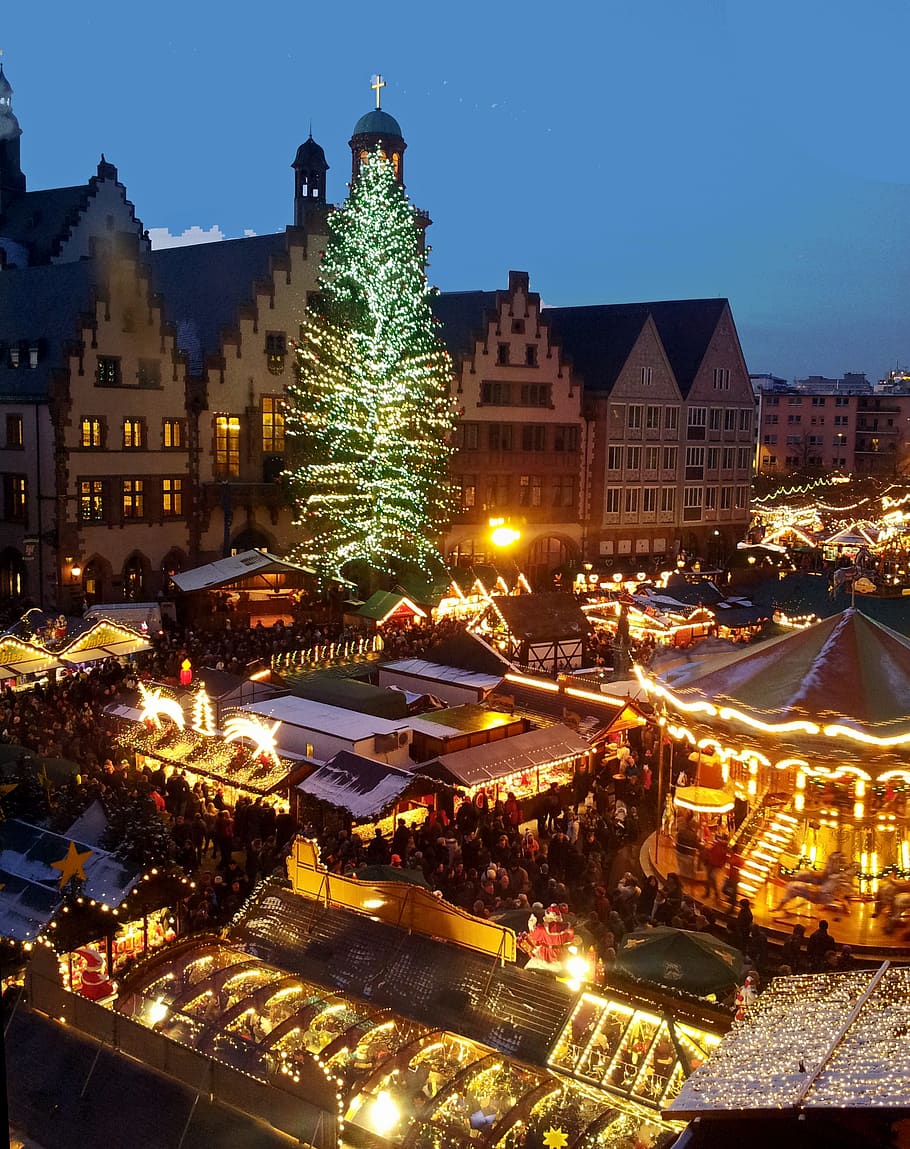 christmas, market, tree, frankfurt am main germany, germany, building exterior, illuminated, architecture, built structure, city
