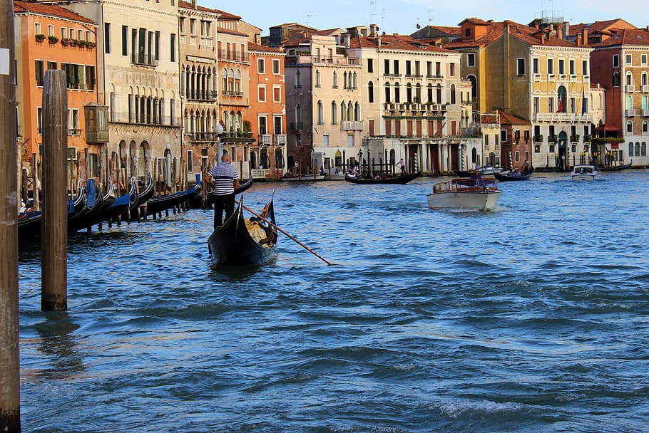 two, brown, boats, body, water, gondola, gondola ride, venice, boot, romantic