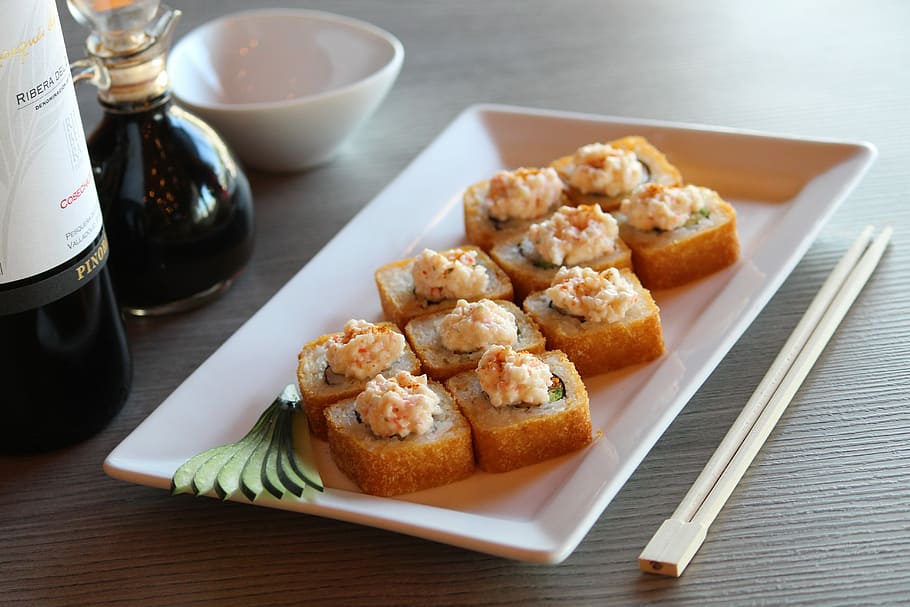 rectangular, white, ceramic, platter, sliced, spread sandwiches, nagano, sushi, rice, chopsticks