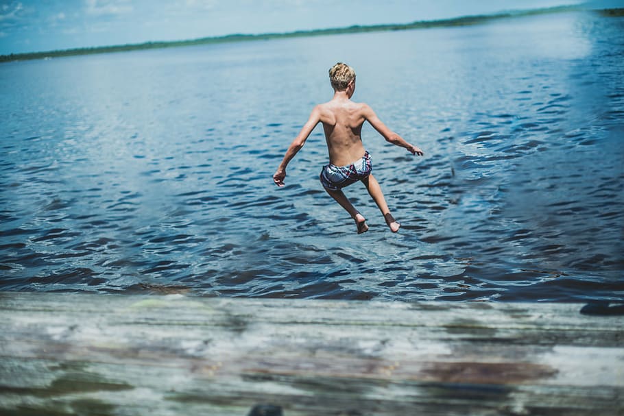 boy, jumping, towards, blue, sea, jump, summer, lake, swim, adventure