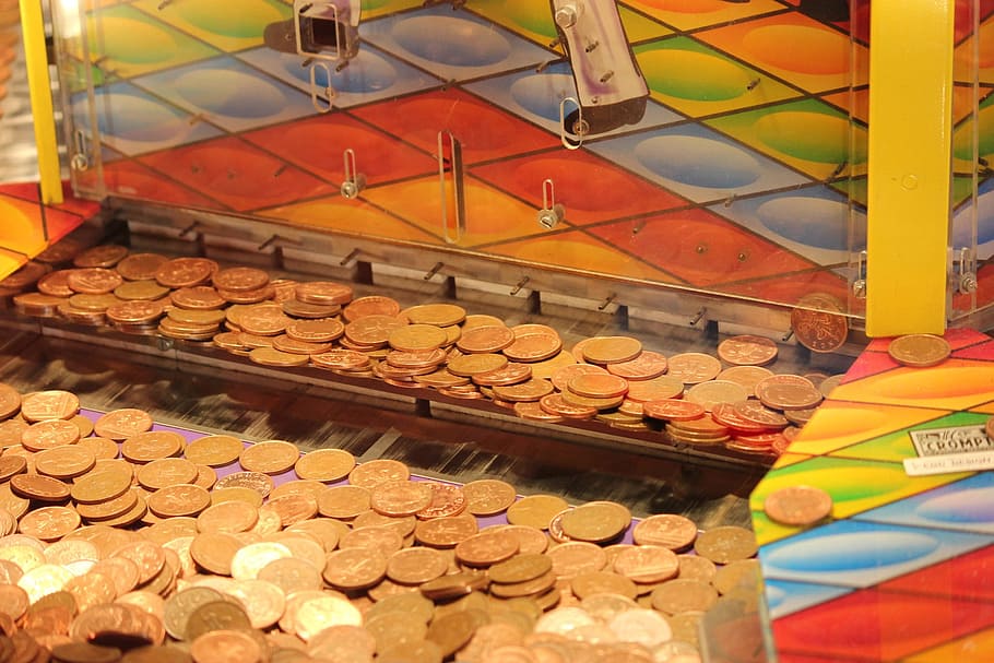 una variedad de monedas de color dorado, Coin Drop, Machine, Arcade, Money, Coins, coin drop machine, ganador, jugar, juego