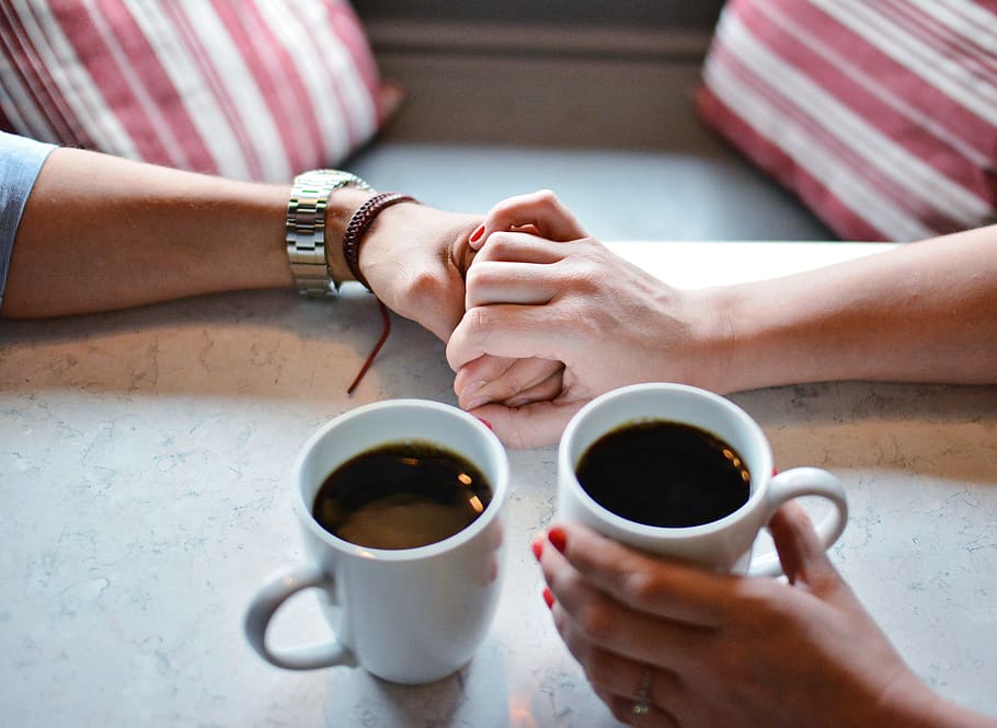 man, woman, holding, hands, love, coffe, cup, sweet, romance, lifestyle