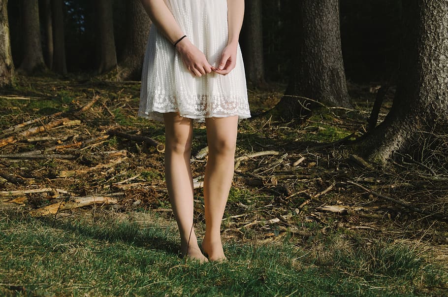 woman, wearing, white, lace midi dress, standing, green, grass, sundress, summer dress, girl