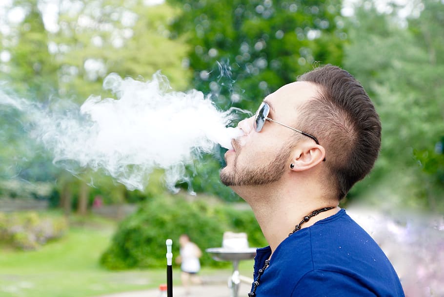 fumar, shisha, soprar, divirta-se, cara, óculos, uma pessoa, fumaça - estrutura física, homens jovens, adulto jovem