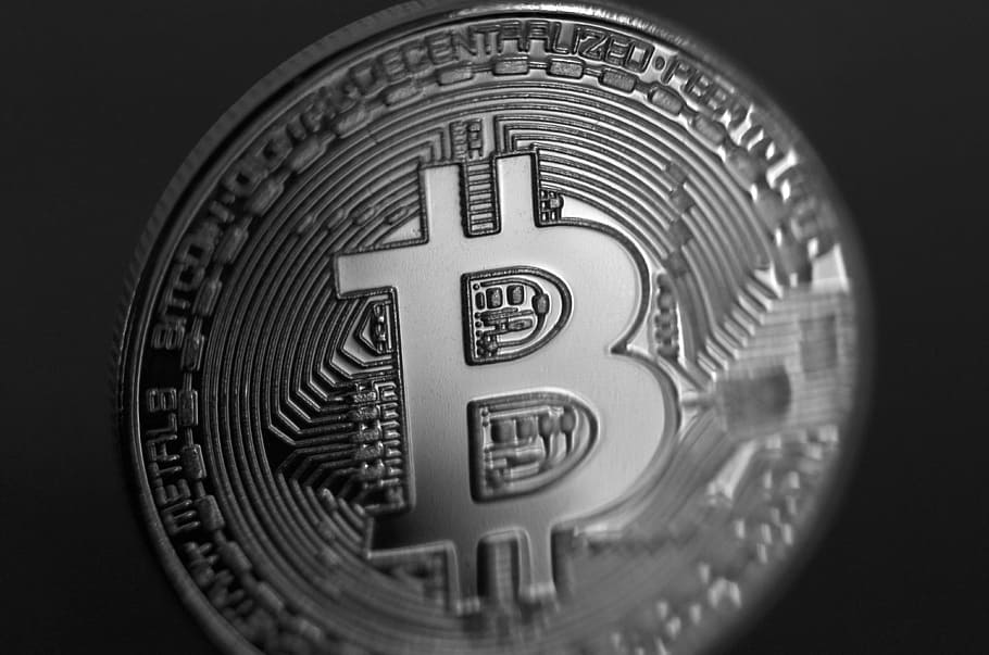 silver-colored bitcoin coin, bitcoin, cryptocurrency, btc, currency, future, close-up, number, indoors, single object