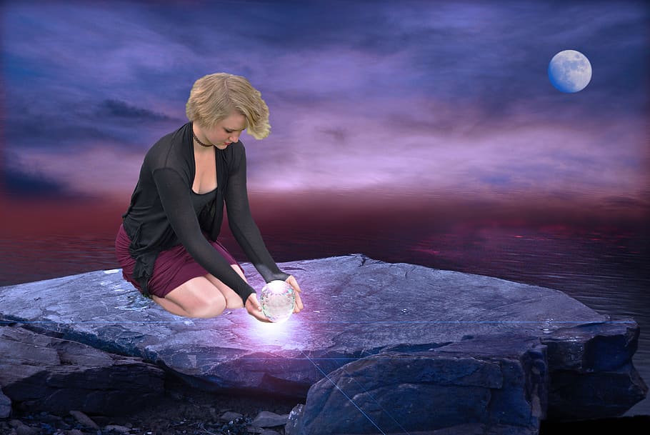 woman, wearing, black, cardigan, kneeling, gray, stone, fantasy, young girl, glowing crystal