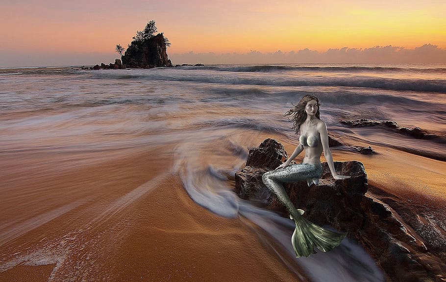 mermaid, sitting, brown, rock illustration, siren, sea fantasy, water, sea, sky, land