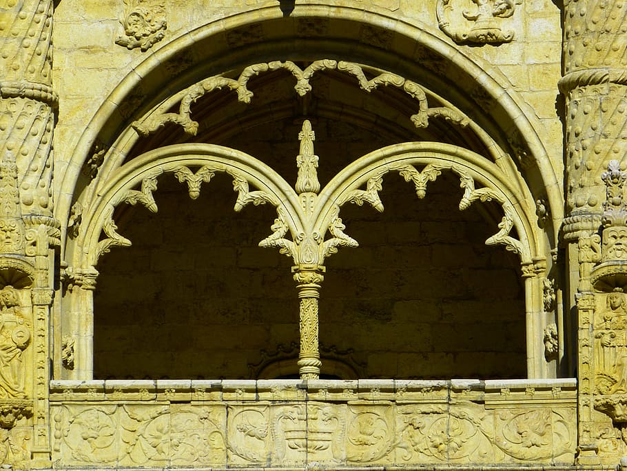 arco de hormigón beige, mosteiro dos jerónimos, monasterio de jerónimo, ventana, belem, manuelino, edificio, patrimonio mundial de la unesco, lisboa, portugal