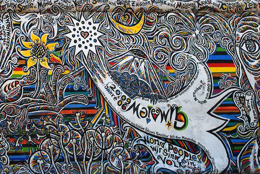 graffiti, berlín, galería del lado este, muro de berlín, pulverizador, multicolor, creatividad, arte y artesanía, fotograma completo, patrón