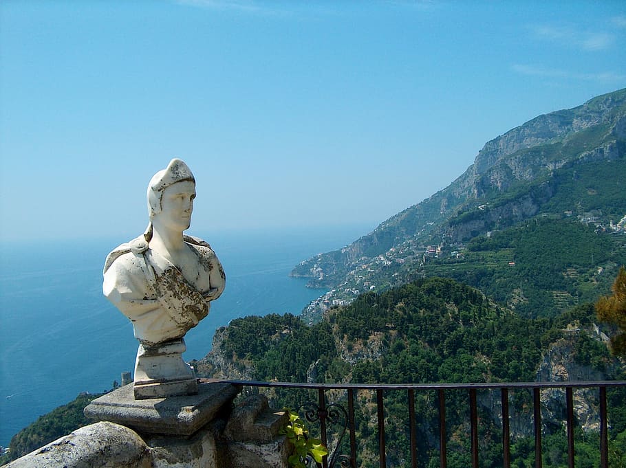 figure, bust, view, amalfi coast, ravello, villa cimbrone, italy, mountain, nature, outdoors