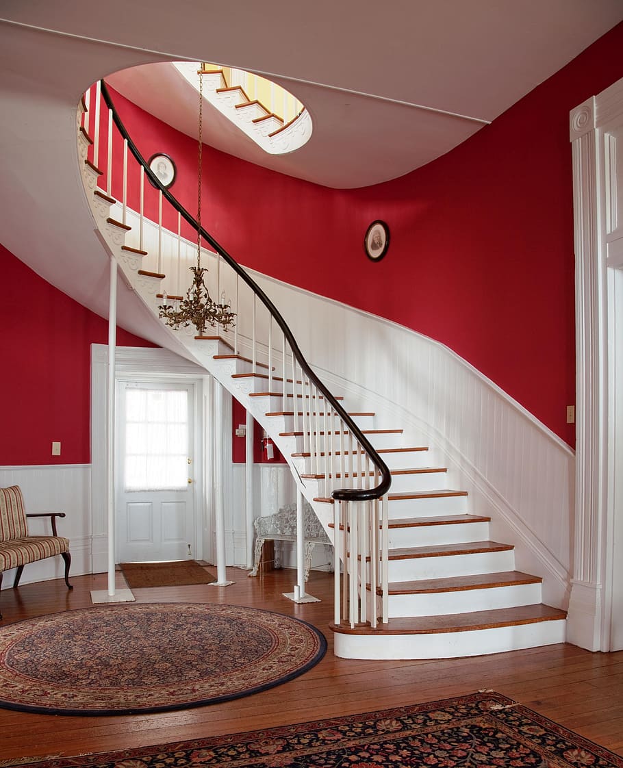 white, red, house, interior, Stairs, Manor House, Architecture, railing, staircase, property