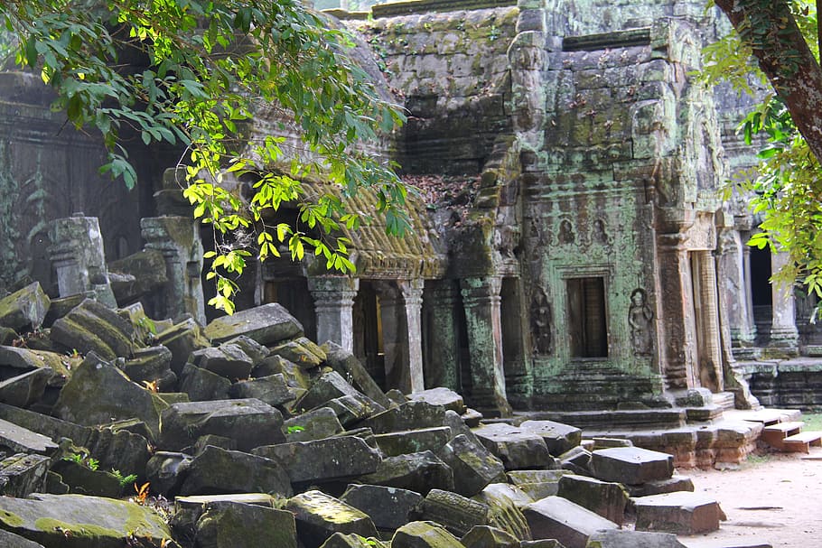 gray, concrete, column ruins, ta prohm temple, tomb raider fame, temple, travel, antique, old, movie