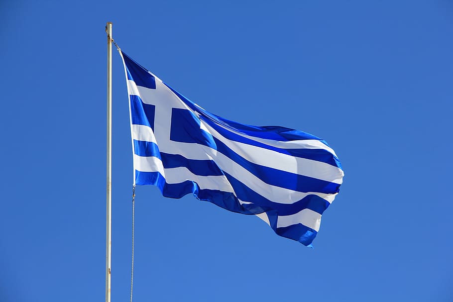 fotografia de baixo ângulo, azul, branco, bandeira do país, bandeira, grécia, grego, gregos, cores nacionais, viagem