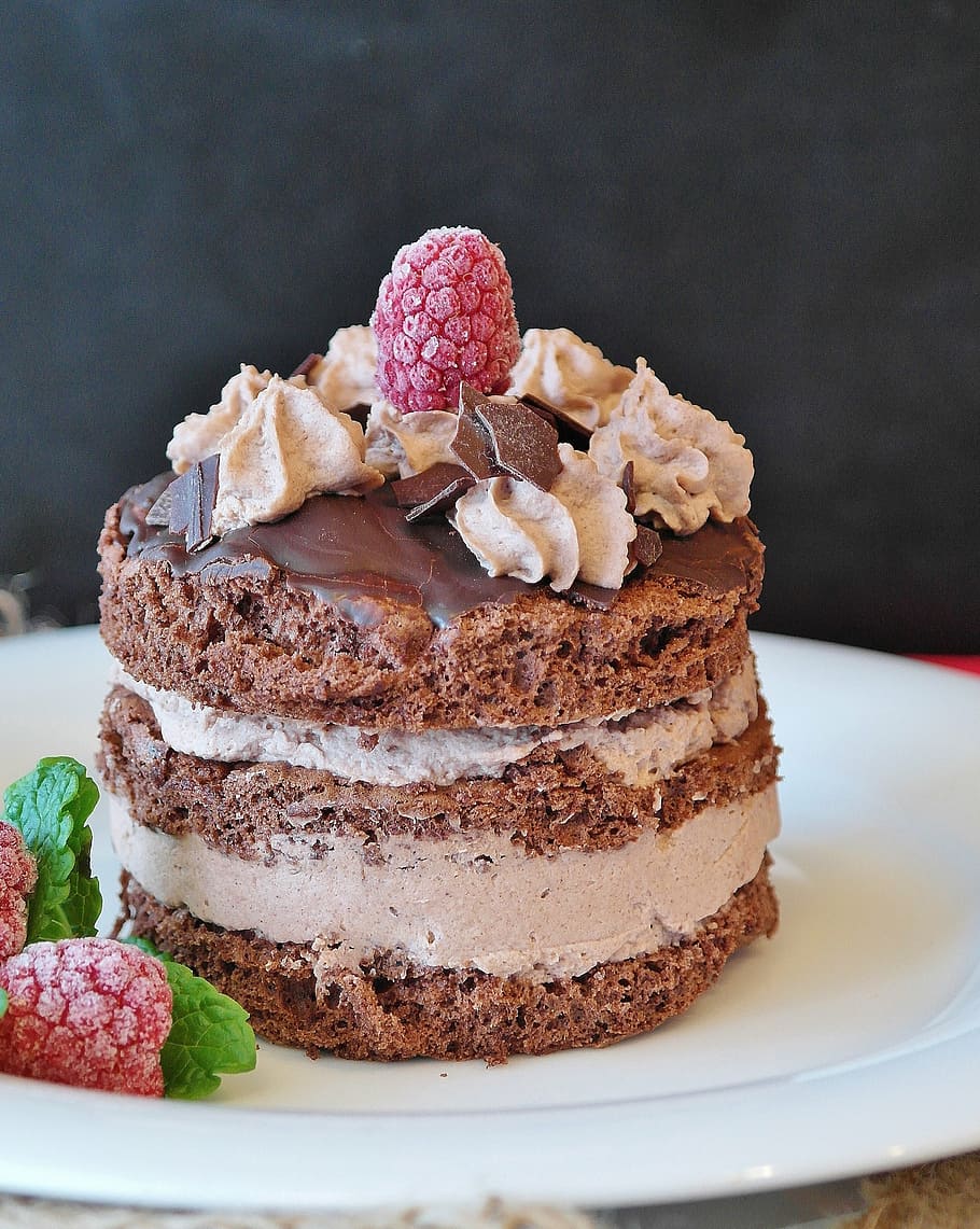 closeup, chocolate cake, served, white, ceramic, saucer, tart, chocolate tarts, cream cake, cake